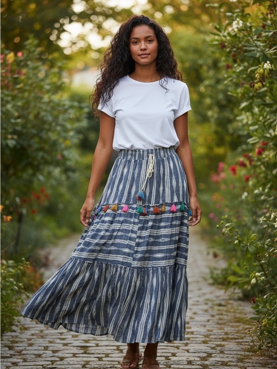 Vatchio Dresses & Skirts - Striped Blue Tassel Maxi Skirt - Casual Boho